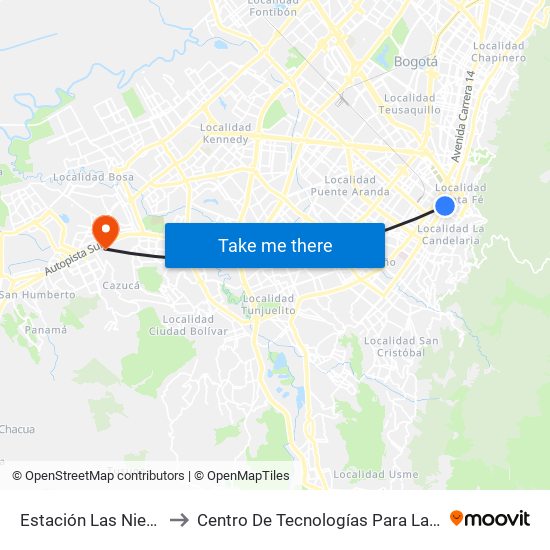 Estación Las Nieves (Ac 19 - Kr 9) (B) to Centro De Tecnologías Para La Construcción Y La Madera (Sena) map