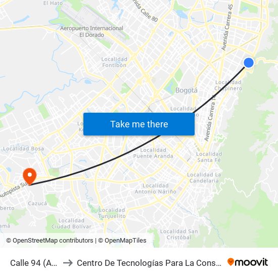 Calle 94 (Ak 7 - Cl 94) to Centro De Tecnologías Para La Construcción Y La Madera (Sena) map