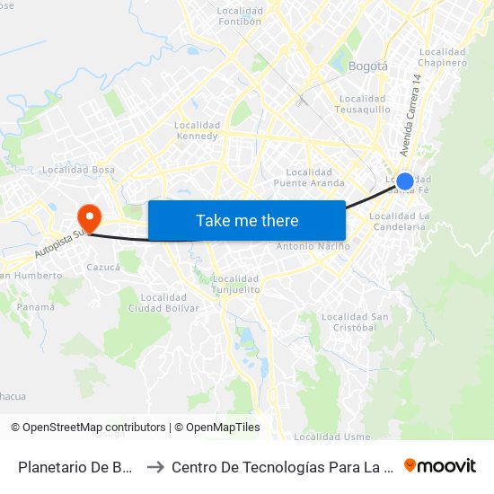 Planetario De Bogotá (Ak 7 - Cl 27) to Centro De Tecnologías Para La Construcción Y La Madera (Sena) map