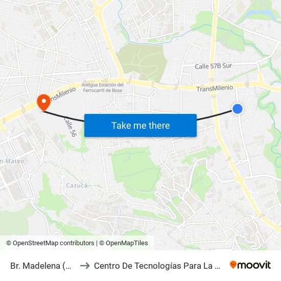 Br. Madelena (Kr 67 - Cl 60a Sur) to Centro De Tecnologías Para La Construcción Y La Madera (Sena) map