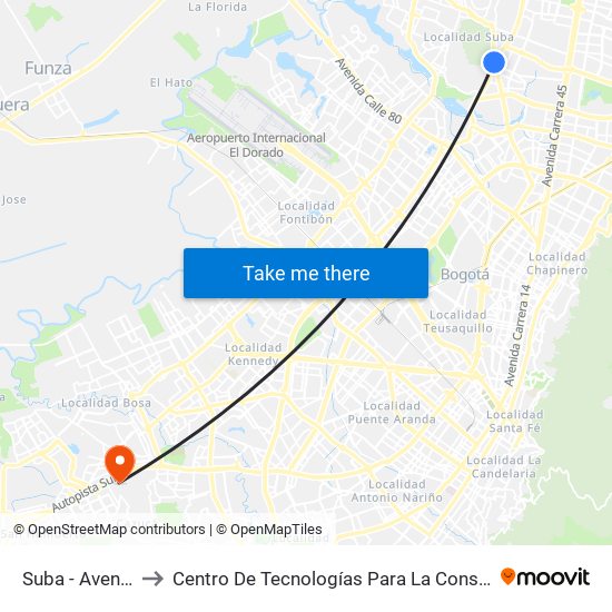 Suba - Avenida Boyacá to Centro De Tecnologías Para La Construcción Y La Madera (Sena) map