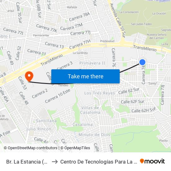 Br. La Estancia (Dg 57z Sur - Kr 74g) to Centro De Tecnologías Para La Construcción Y La Madera (Sena) map