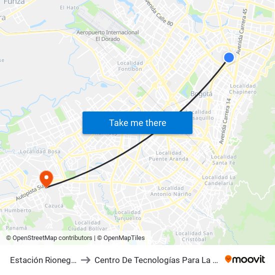 Estación Rionegro (Ak 50 - Cl 91a) to Centro De Tecnologías Para La Construcción Y La Madera (Sena) map