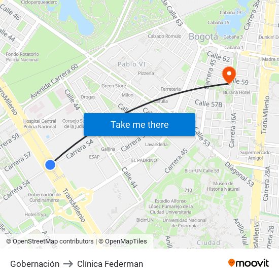 Gobernación to Clínica Federman map
