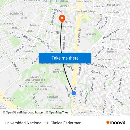 Universidad Nacional to Clínica Federman map