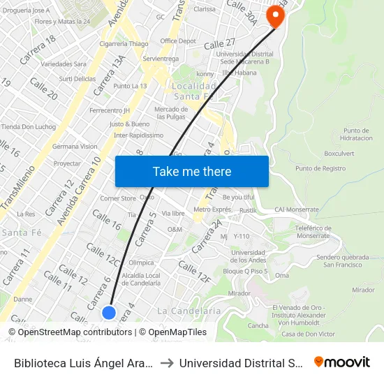 Biblioteca Luis Ángel Arango  (Kr 5 - Cl 11) to Universidad Distrital Sede Macarena A map