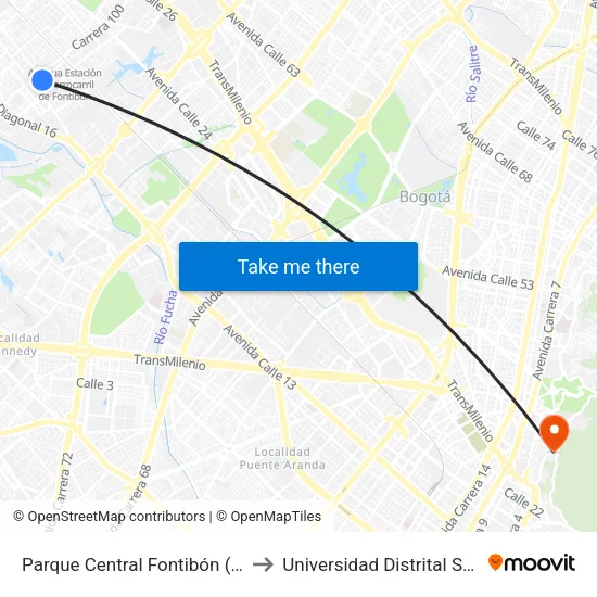 Parque Central Fontibón (Kr 99 - Cl 17a) (B) to Universidad Distrital Sede Macarena A map
