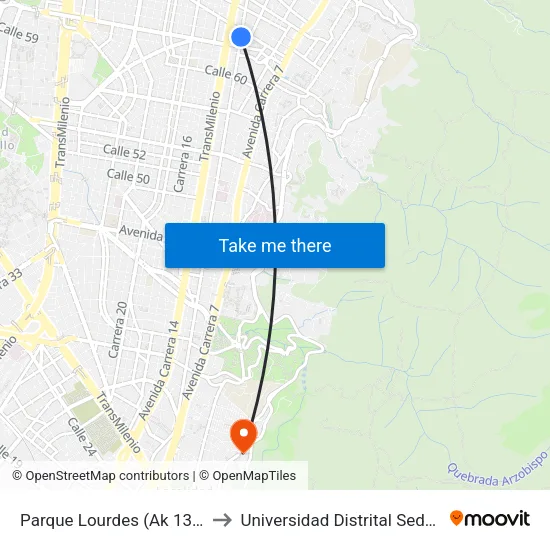 Parque Lourdes (Ak 13 - Cl 63a) (B) to Universidad Distrital Sede Macarena A map