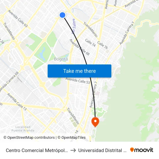 Centro Comercial Metrópolis (Ak 68 - Cl 75a) (C) to Universidad Distrital Sede Macarena A map