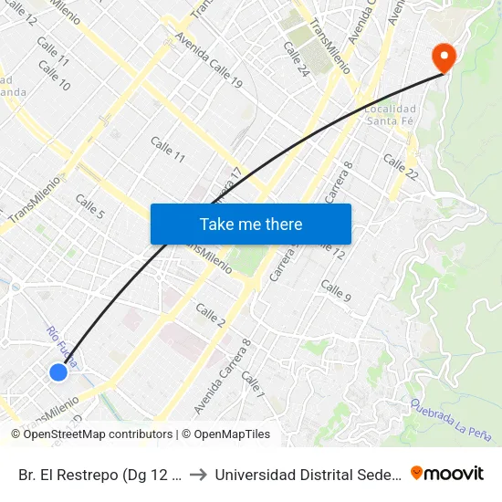Br. El Restrepo (Dg 12 Sur - Kr 18) to Universidad Distrital Sede Macarena A map