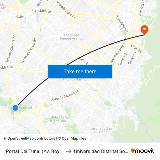Portal Del Tunal (Av. Boyacá - Kr 19c) (B) to Universidad Distrital Sede Macarena A map