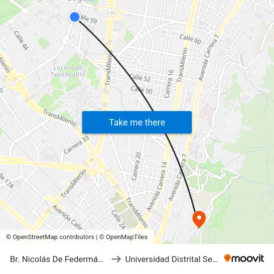 Br. Nicolás De Federmán (Ak 50 - Cl 59) to Universidad Distrital Sede Macarena A map