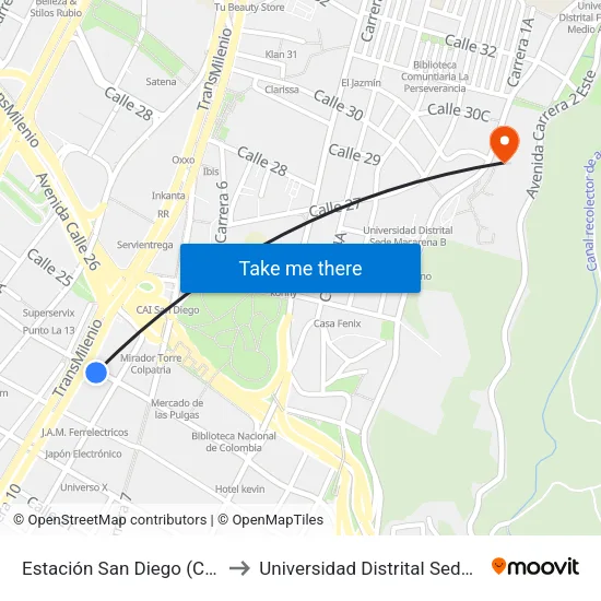 Estación San Diego (Cl 24 - Ak 10) to Universidad Distrital Sede Macarena A map