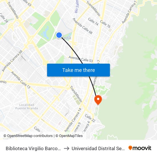 Biblioteca Virgilio Barco (Ac 63 - Kr 47) to Universidad Distrital Sede Macarena A map