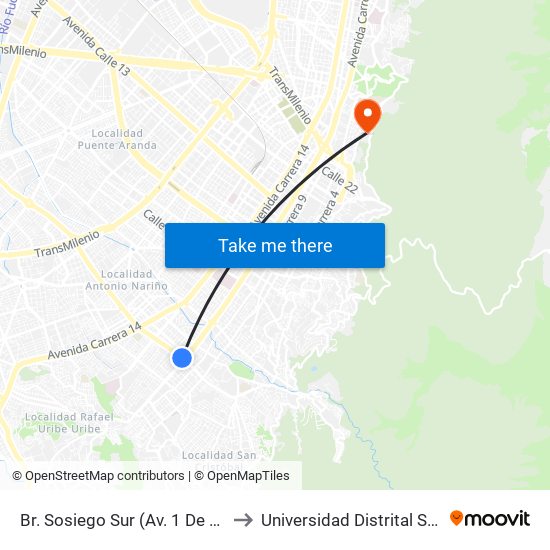 Br. Sosiego Sur (Av. 1 De Mayo - Kr 10a) (A) to Universidad Distrital Sede Macarena A map