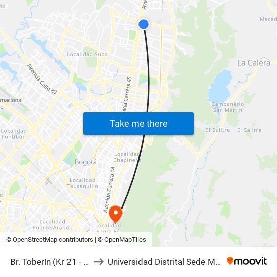 Br. Toberín (Kr 21 - Cl 169) to Universidad Distrital Sede Macarena A map