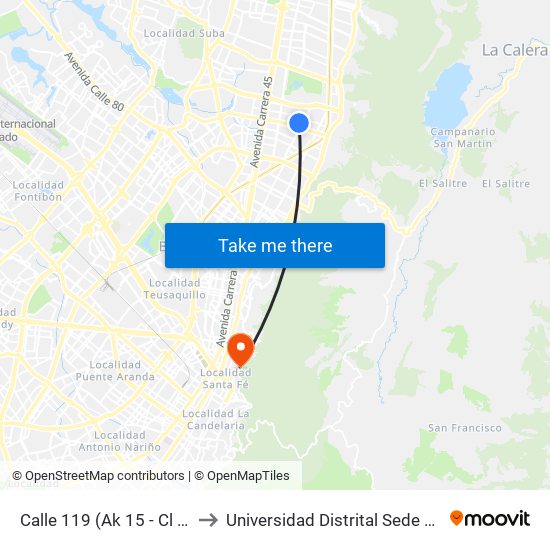 Calle 119 (Ak 15 - Cl 118a) (A) to Universidad Distrital Sede Macarena A map