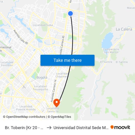 Br. Toberín (Kr 20 - Cl 164a) to Universidad Distrital Sede Macarena A map