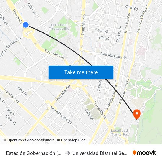 Estación Gobernación (Ac 26 - Kr 54) to Universidad Distrital Sede Macarena A map