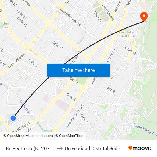 Br. Restrepo (Kr 20 - Cl 18 Sur) to Universidad Distrital Sede Macarena A map