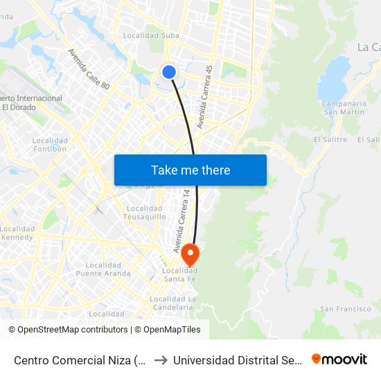 Centro Comercial Niza (Ac 127 - Kr 60) to Universidad Distrital Sede Macarena A map