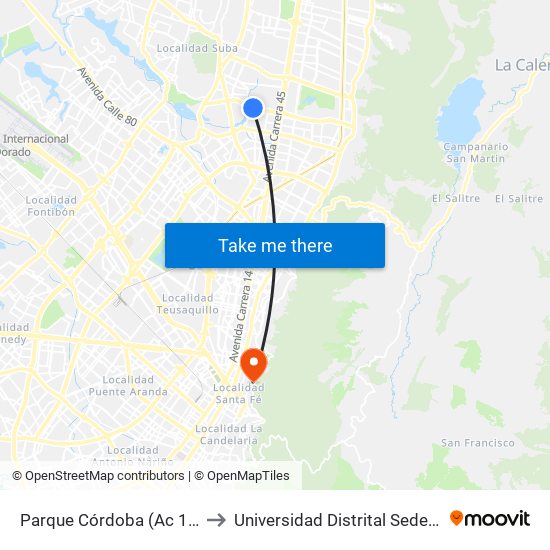 Parque Córdoba (Ac 127 - Kr 54) to Universidad Distrital Sede Macarena A map