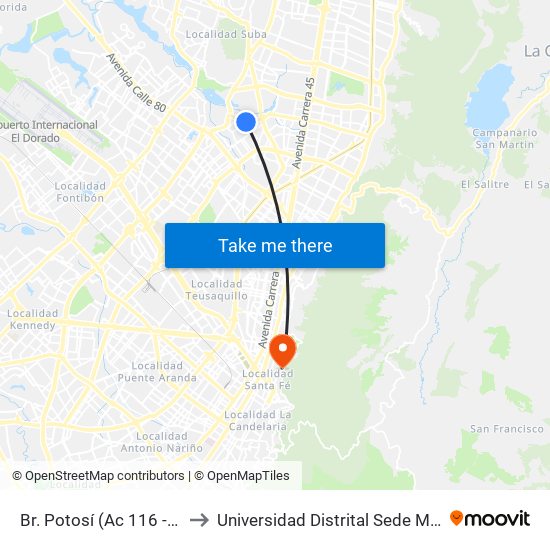 Br. Potosí (Ac 116 - Kr 70h) to Universidad Distrital Sede Macarena A map