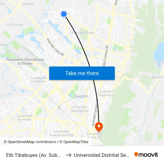 Etb Tibabuyes (Av. Suba - Kr 114c) (A) to Universidad Distrital Sede Macarena A map