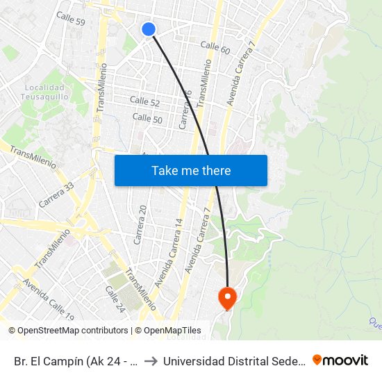 Br. El Campín (Ak 24 - Cl 61d Bis) to Universidad Distrital Sede Macarena A map