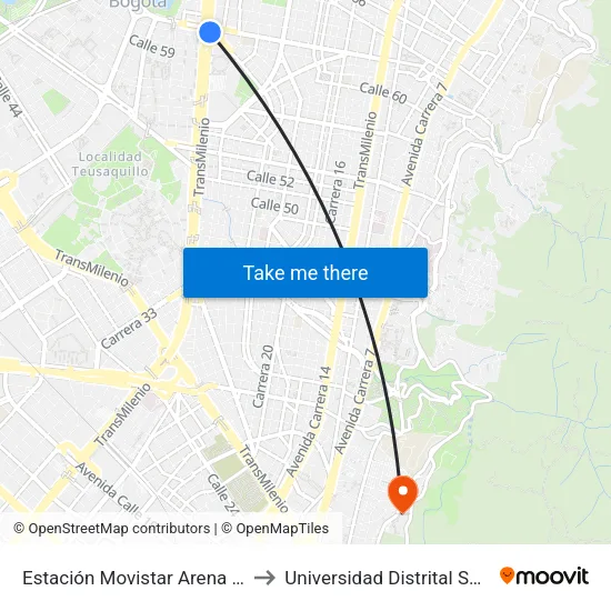 Estación Movistar Arena (Av. NQS - Cl 62) to Universidad Distrital Sede Macarena A map