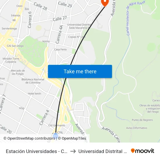 Estación Universidades - City U (Kr 3 - Cl 21) (A) to Universidad Distrital Sede Macarena A map