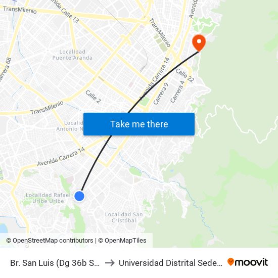 Br. San Luis (Dg 36b Sur - Kr 10a) to Universidad Distrital Sede Macarena A map