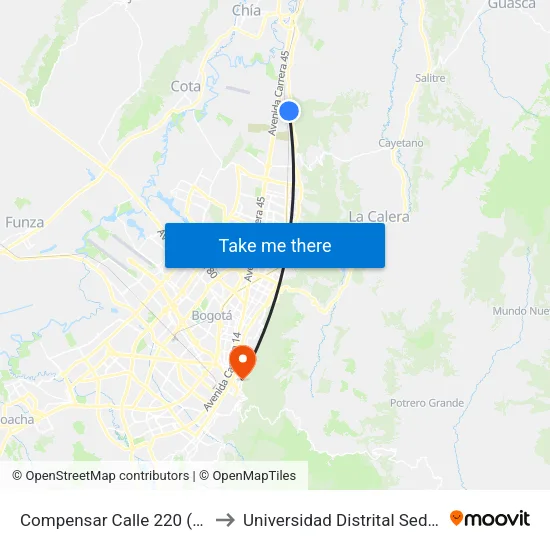 Compensar Calle 220 (Ak 7 - Cl 220) to Universidad Distrital Sede Macarena A map