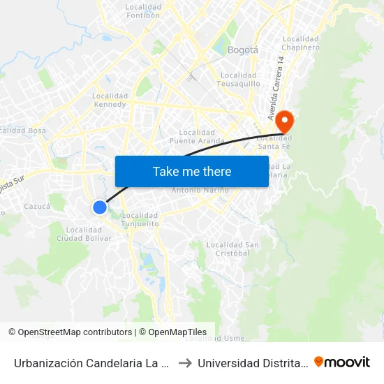 Urbanización Candelaria La Nueva (Kr 48g - Cl 59b Sur) to Universidad Distrital Sede Macarena A map