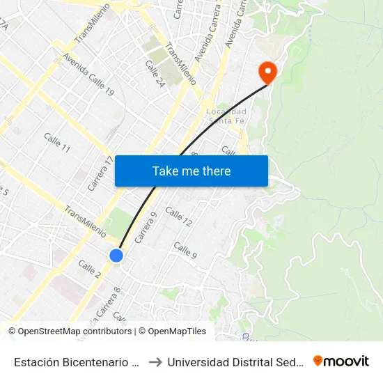 Estación Bicentenario (Ak 10 - Cl 4) to Universidad Distrital Sede Macarena A map