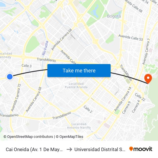 Cai Oneida (Av. 1 De Mayo - Cl 35b Sur) (A) to Universidad Distrital Sede Macarena A map