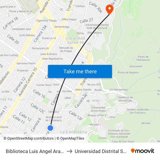 Biblioteca Luis Angel Arango (Kr 4 - Cl 12) to Universidad Distrital Sede Macarena A map