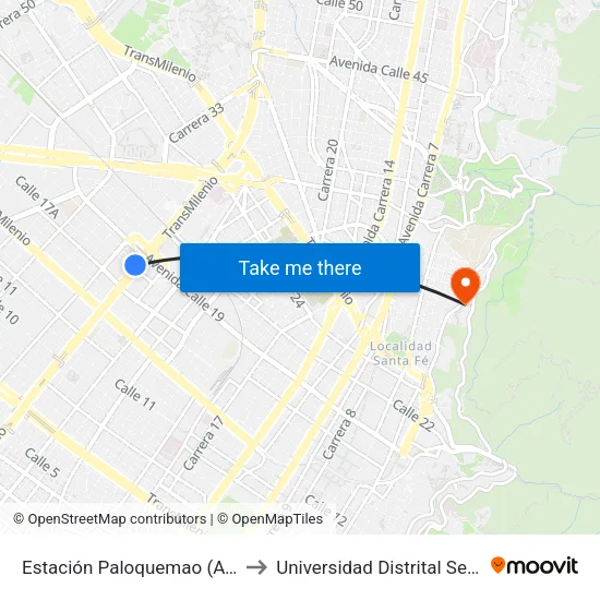 Estación Paloquemao (Av. NQS - Cl 17a) to Universidad Distrital Sede Macarena A map
