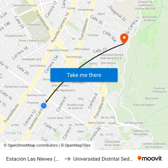 Estación Las Nieves (Ak 10 - Cl 17) to Universidad Distrital Sede Macarena A map
