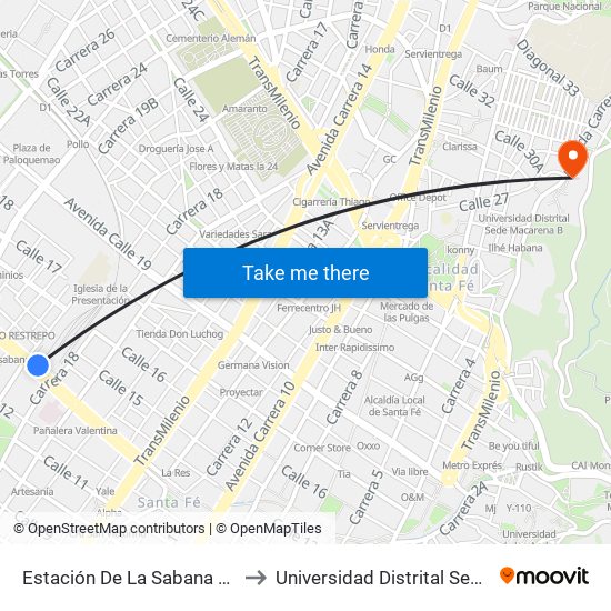 Estación De La Sabana (Ac 13 - Kr 18) to Universidad Distrital Sede Macarena A map