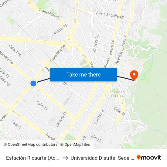 Estación Ricaurte (Ac 13 - Kr 29) to Universidad Distrital Sede Macarena A map
