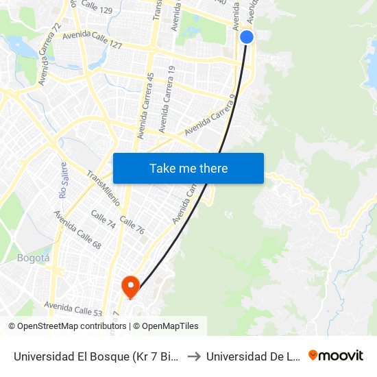 Universidad El Bosque (Kr 7 Bis - Cl 131) to Universidad De La Salle map