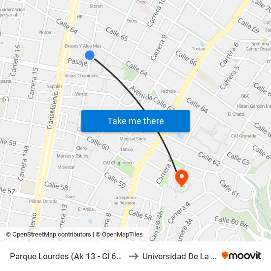 Parque Lourdes (Ak 13 - Cl 63a) (B) to Universidad De La Salle map