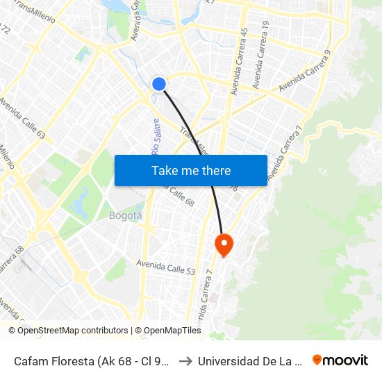 Cafam Floresta (Ak 68 - Cl 95) (C) to Universidad De La Salle map