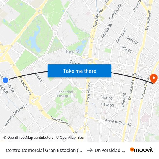 Centro Comercial Gran Estación (Av. Esperanza - Ak 60) to Universidad De La Salle map