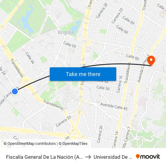 Fiscalía General De La Nación (Ak 50 - Ac 24) to Universidad De La Salle map