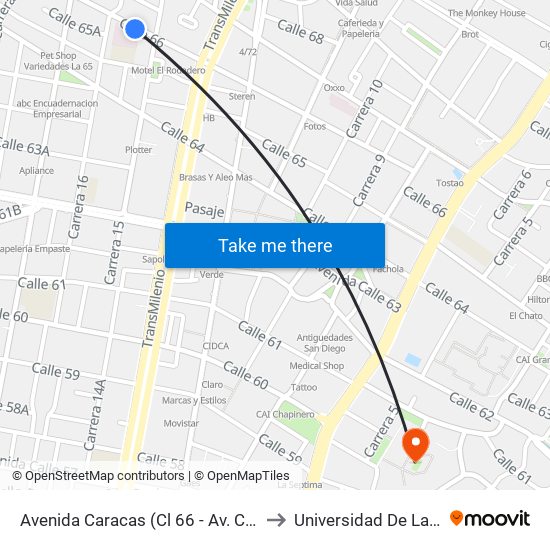 Avenida Caracas (Cl 66 - Av. Caracas) to Universidad De La Salle map