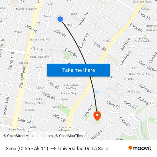 Sena (Cl 66 - Ak 11) to Universidad De La Salle map