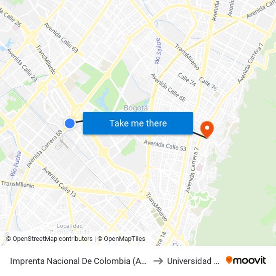 Imprenta Nacional De Colombia (Ak 68 - Av. Esperanza) (A) to Universidad De La Salle map