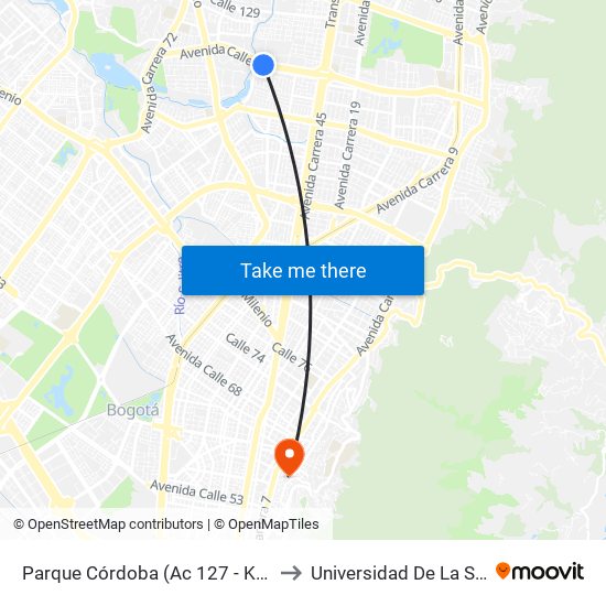 Parque Córdoba (Ac 127 - Kr 54) to Universidad De La Salle map